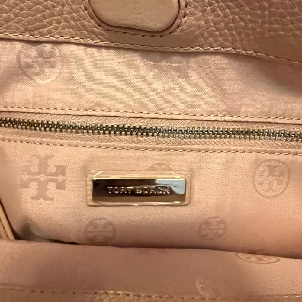Tory Burch Pale Pink Pebbled Leather Shoulder Tote with Tassel